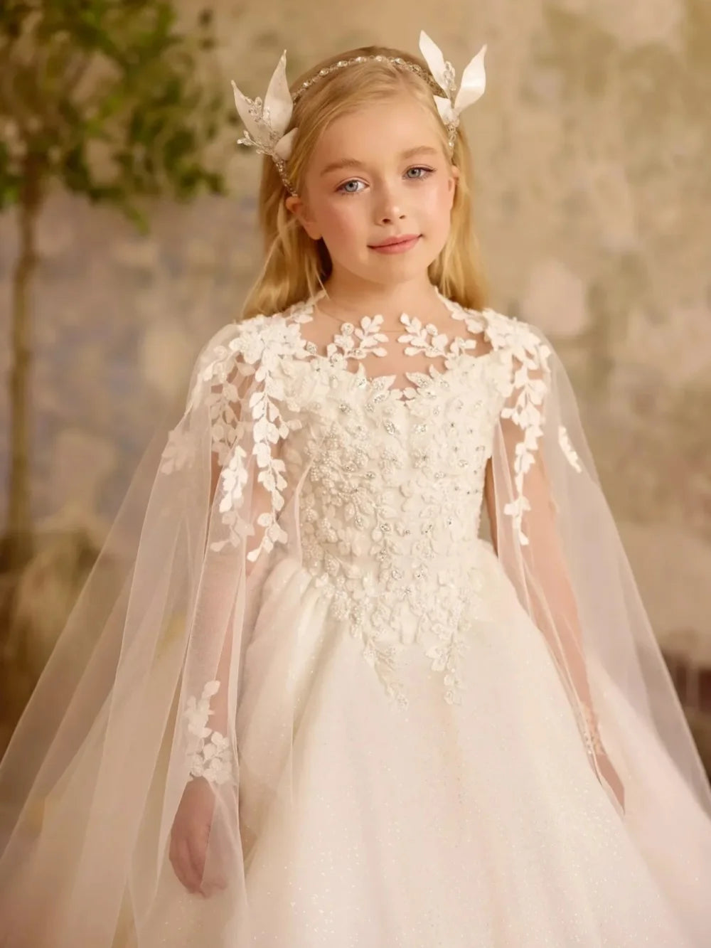 New Arrival Captivating Beaded Princess Gown For Kids Birthday Party Sweet Elegant Cape Sleeve Girls Dresses Performance Wear