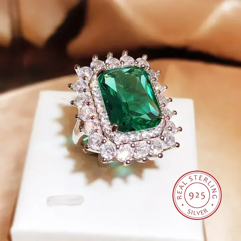 Fashion Jewelry Green Zircon Ring For Women Luxury Square Full Diamond Inlaid Grandmother Green Zircon Ring Party Birthday Gift
