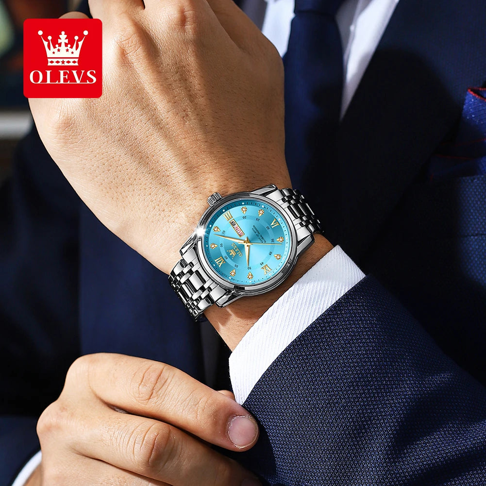 OLEVS Man Watches Original Waterproof Luminous Quartz Watch Week Date Watches For Man Gifts Box Steel Strap 5513 - Acros