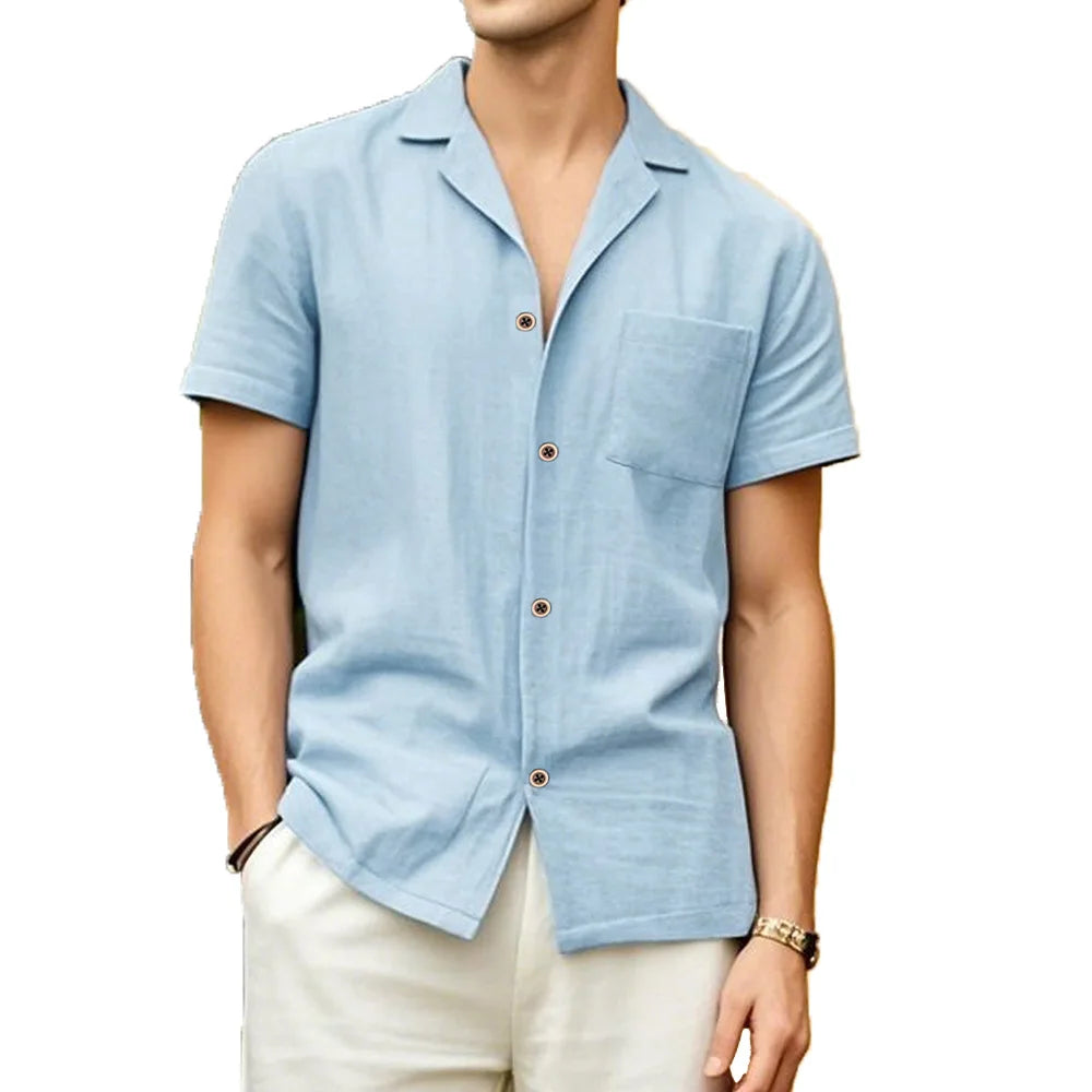 Men's Ansoff short-sleeved summer shirt in breathable solid color, loose fit, casual beach vacation style.