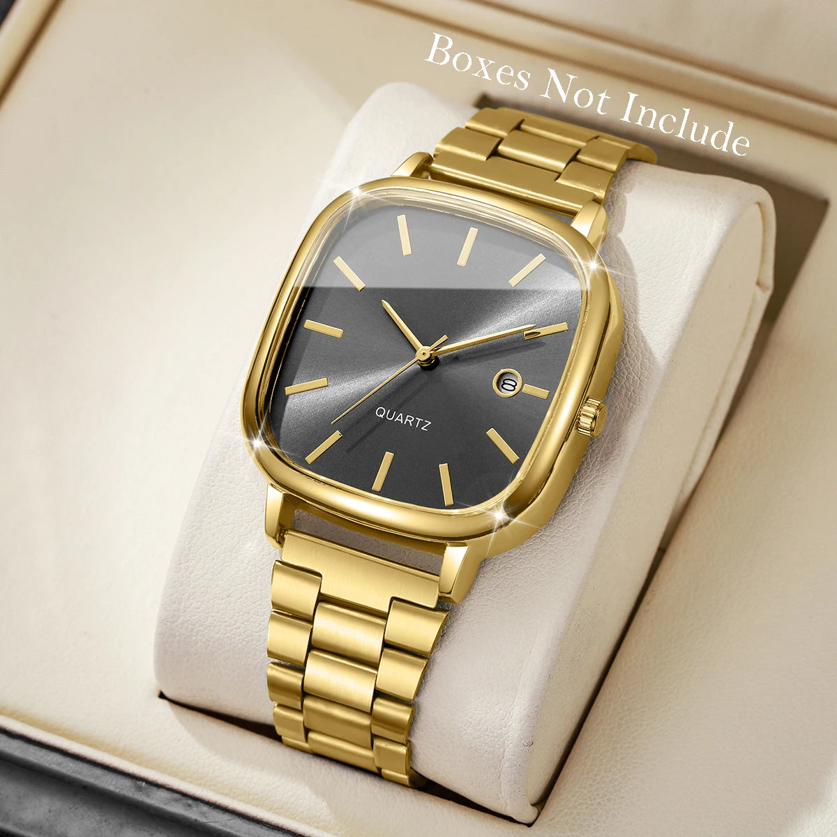 Ansoff men's square business analog quartz watch with calendar display, black dial, silver case, and leather strap.