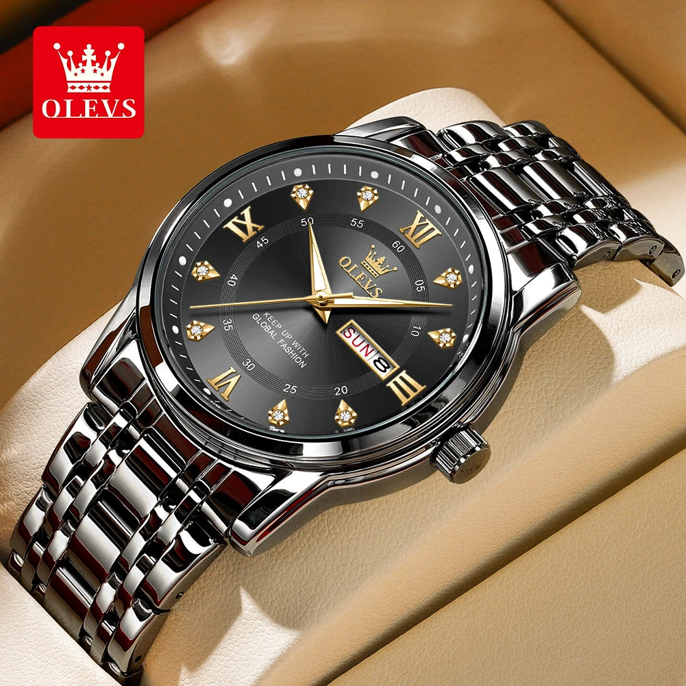 OLEVS Man Watches Original Waterproof Luminous Quartz Watch Week Date Watches For Man Gifts Box Steel Strap 5513 - Acros