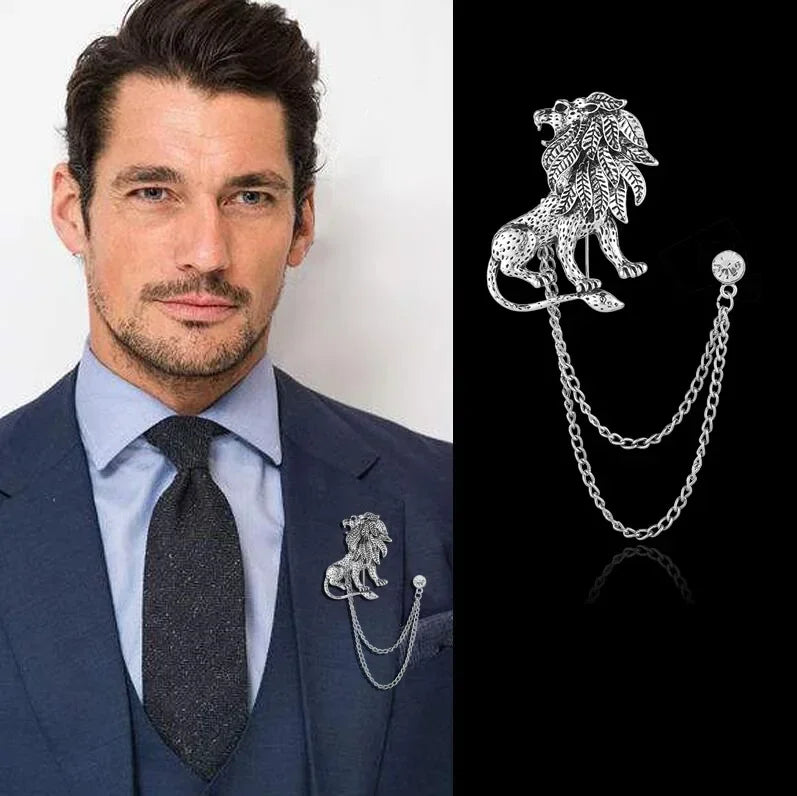 Korean fashion crystal lion brooch with tassel chain, British style lapel pin for men's shirt collar, clothing accessory by Ansoff