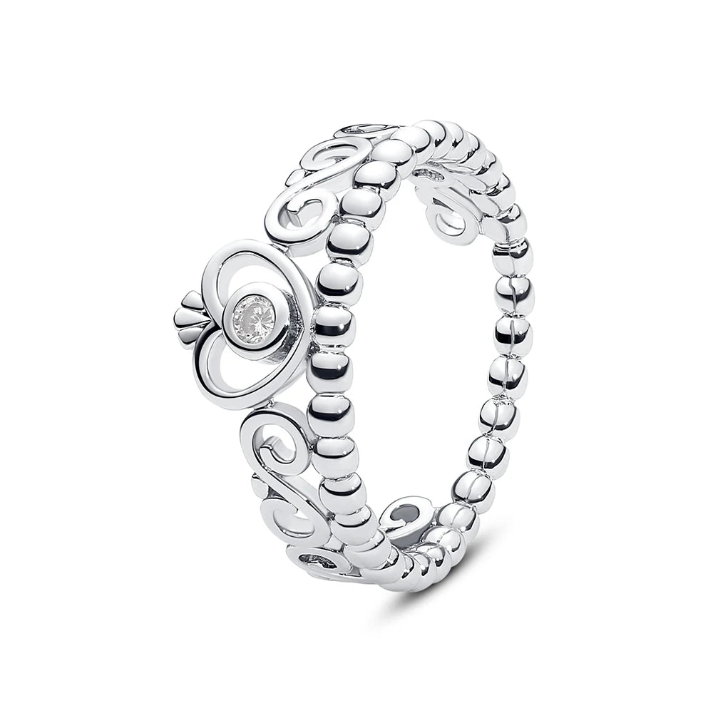 Sterling silver women's ring with crown and heart design, rose gold finish, crystal accents, from Ansoff's luxury jewelry collection