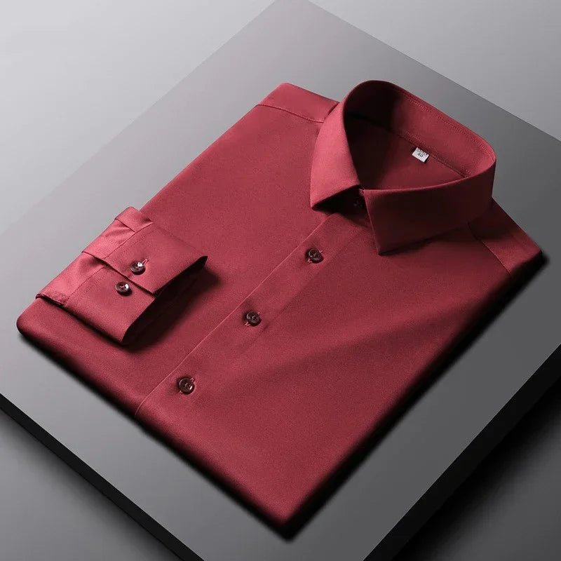 Men's Ansoff long-sleeve solid color casual shirt, non-iron and wrinkle-resistant business top, displayed on a hanger.