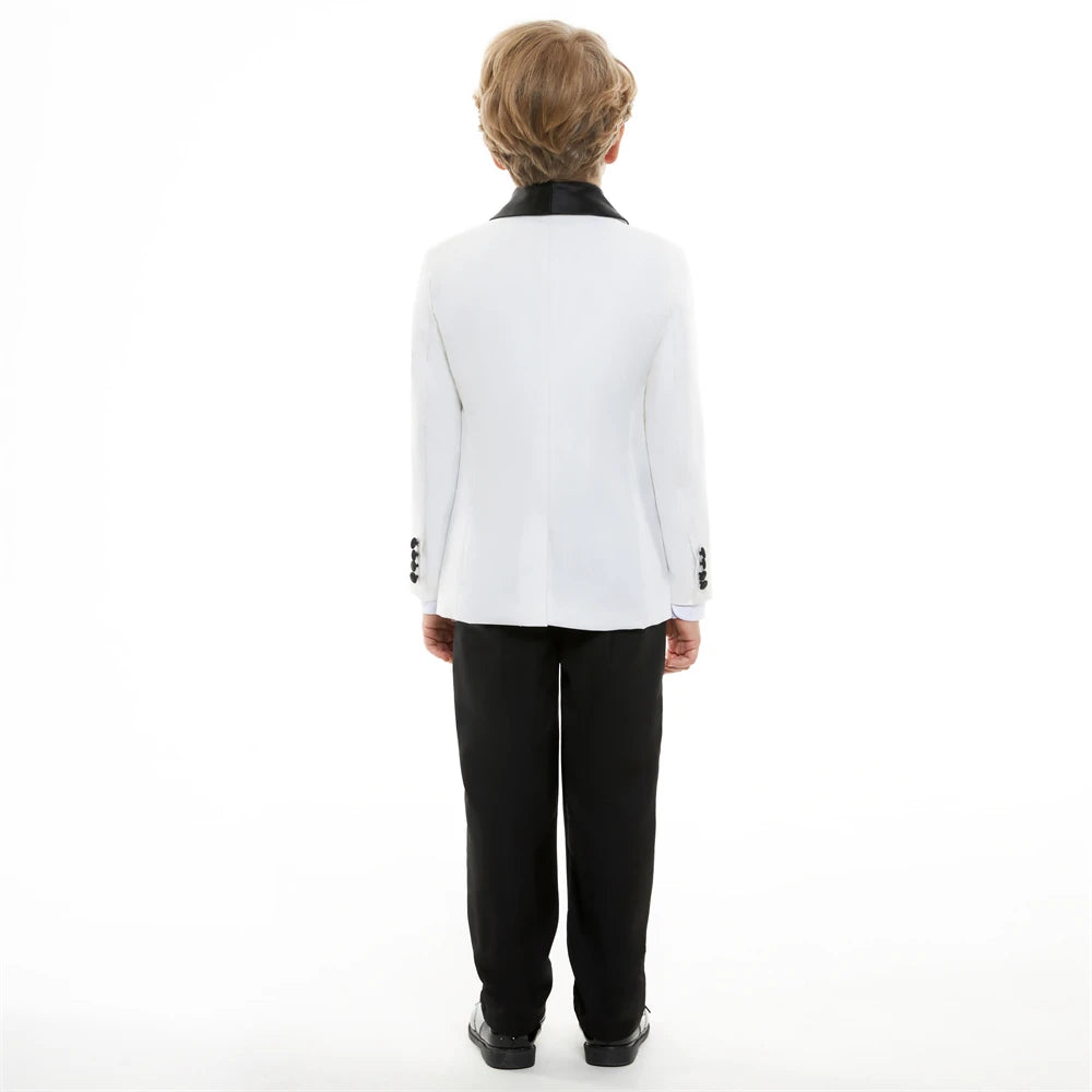 Boy's slim fit suit set by Ansoff, featuring a tuxedo blazer, vest, and pants for formal occasions like weddings and proms.