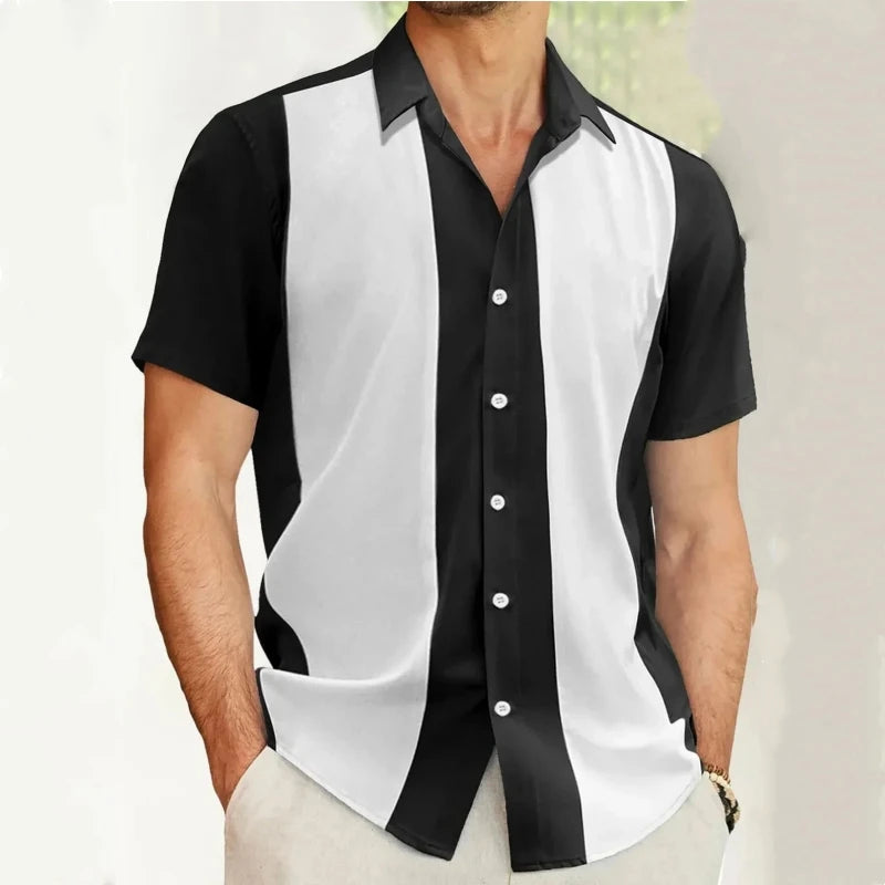 Ansoff men's vintage short sleeve button-down shirt with striped splicing, casual versatile summer T-shirt with bowling style.