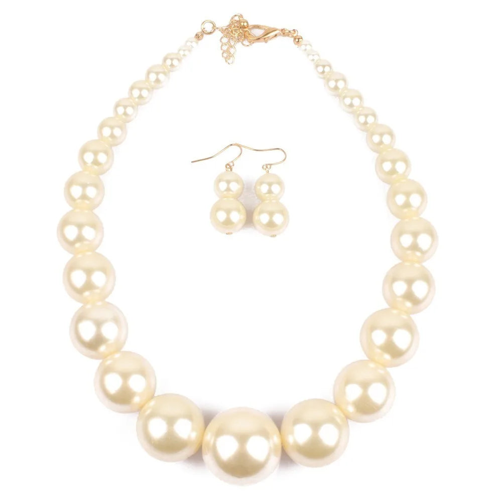 Fashion Elegant Large Pearl Necklace Set 42cm Length Round Big Ball Beads Chain Choker with Earrings Luxury Neck Jewelry Party