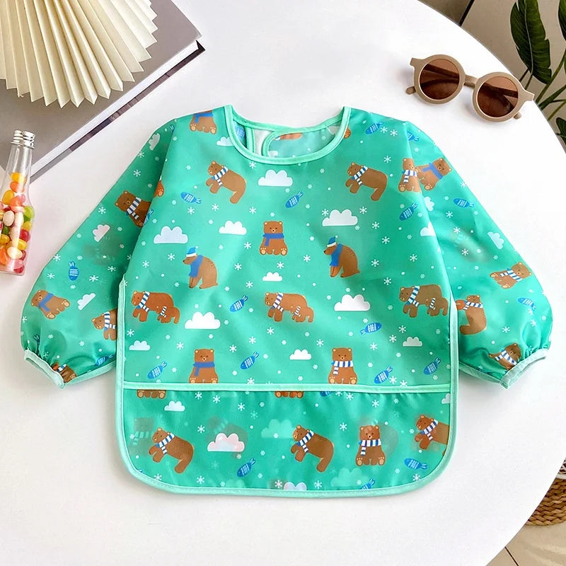 Ansoff waterproof long sleeve baby bib for girls and boys with cartoon design, adjustable feeding cloth and painting smock for toddlers.