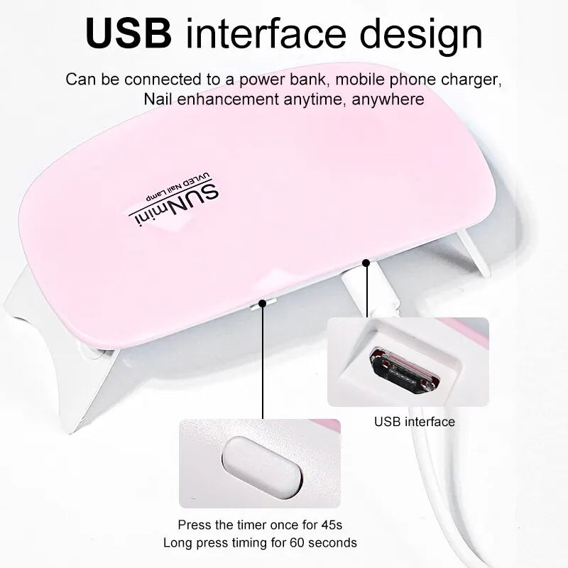 Ansoff 6W mini nail dryer with 6 LED UV lamps, portable design for home manicure, shown with USB cable for drying nail polish.
