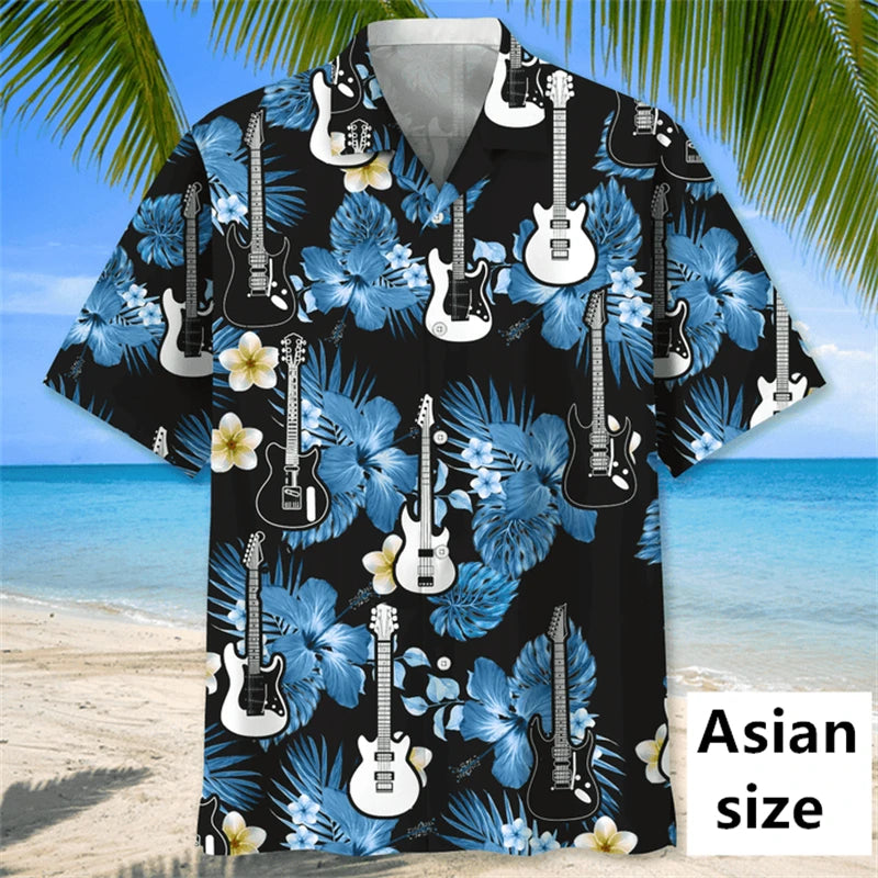 Men Hawaiian shirt by Ansoff featuring 3D tropical plant and music guitar prints, casual beach vacation fashion.