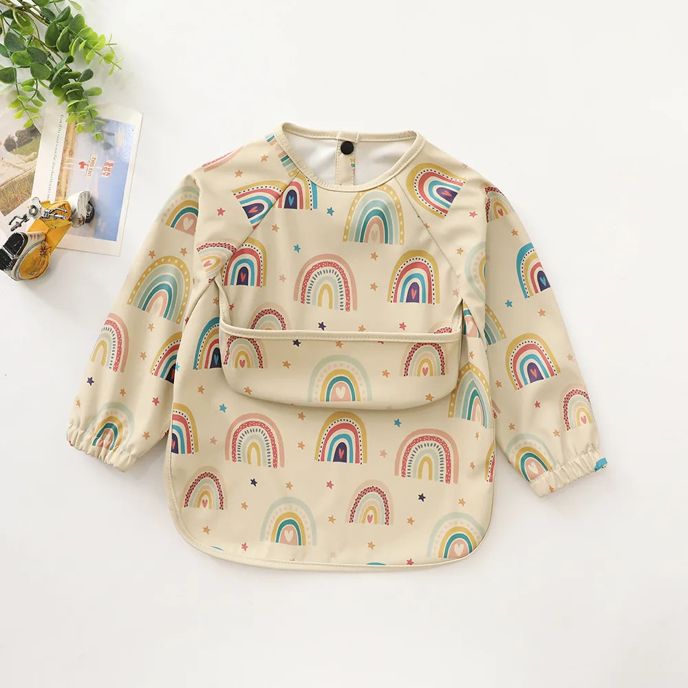 Ansoff infant feeding bibs with long sleeves, waterproof printed art design, front pocket, suitable for boys and girls during mealtime.