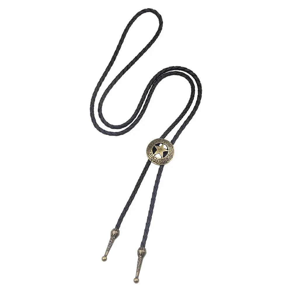 Adjustable cowboy bolo tie with bull head pendant, five-star western design, faux leather strap, ideal for rodeo dance attire.
