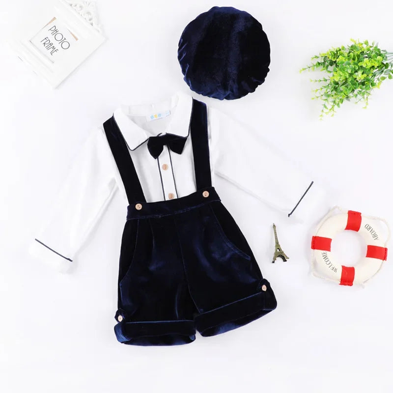 Spanish Baby Boy Clothes Set Vintage Kids Summer Suit Formal Wedding Toddler White Shirt +Velvet Suspender Pants Shorts Outfits