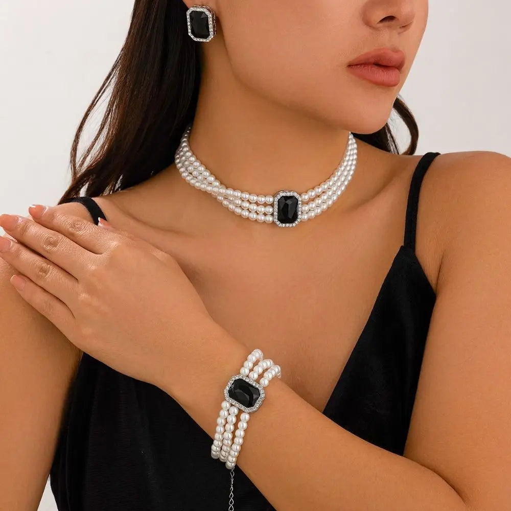 Rhinestones Pearl Jewelry Sets Multi-layer Bead Necklace Bracelet Earring Set Luxury Imitation Gem Bridal Jewelry Sets Party