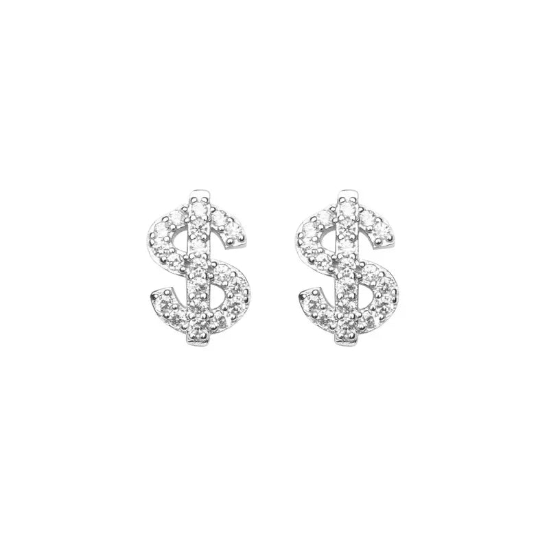 Stainless Steel Earrings Hip Hop Jewelry Stud Earring Iced Out Zircon Dollar Sign Gold Plated Earrings for Women Серьги Женские - Acros