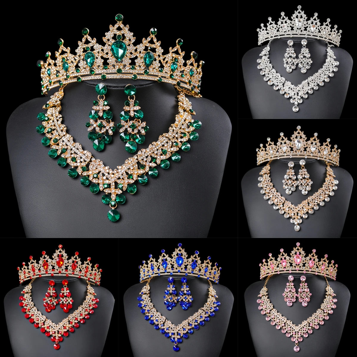 3Pcs Crystal Crown Necklace Earring Set Rhinestone Bridal Jewelry Set Women Bridal Wedding Hair Accessories Jewelry Crown Tiara