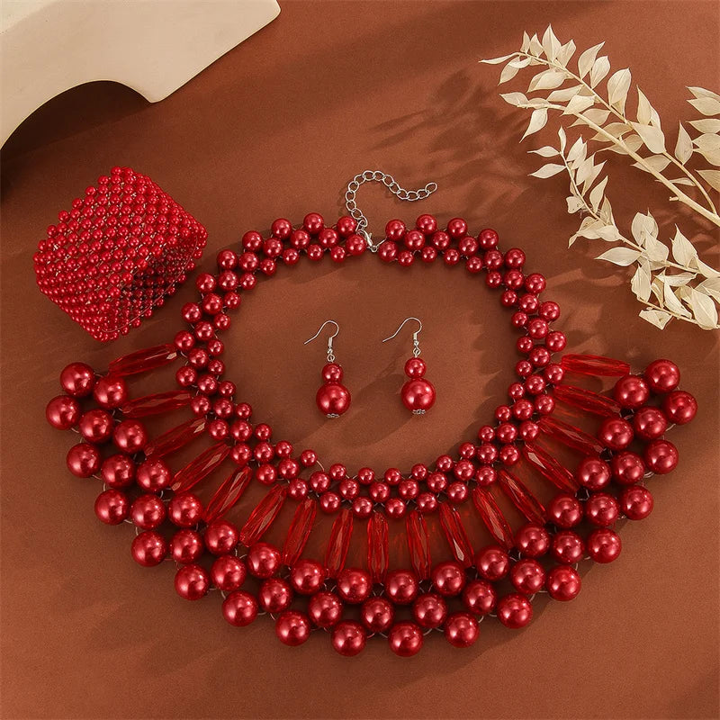 3pcs/set Multi Layer Imitation Pearl Jewelry Set Party Colorful Necklace Earrings Bracelet Set For Women African Jewelry Gifts