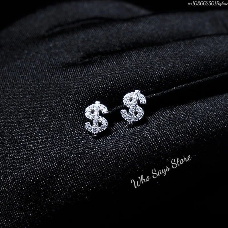 Stainless Steel Earrings Hip Hop Jewelry Stud Earring Iced Out Zircon Dollar Sign Gold Plated Earrings for Women Серьги Женские - Acros