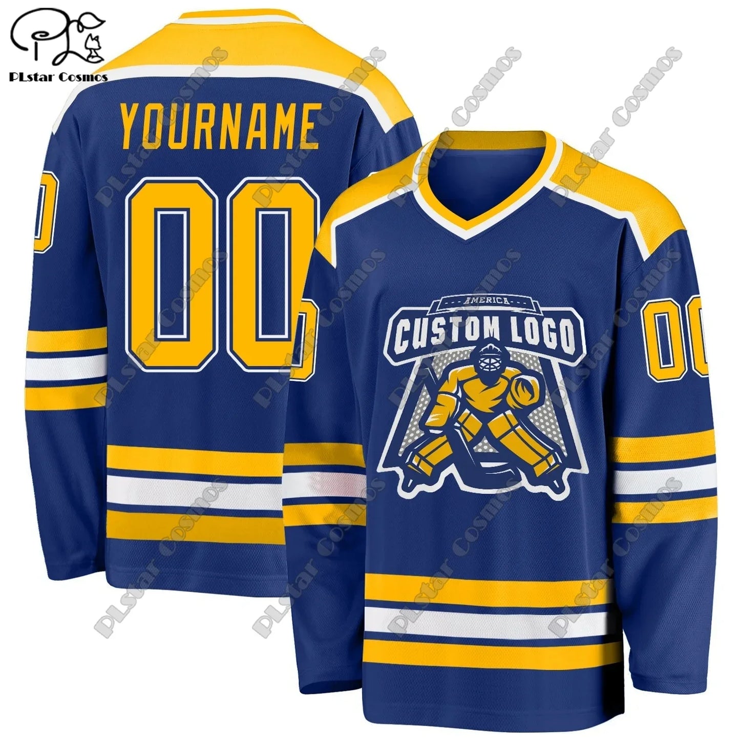 Colorful New Hockey Jersey by Ansoff featuring V-neck, long sleeves, personalized 3D printed design, casual and team gift style.