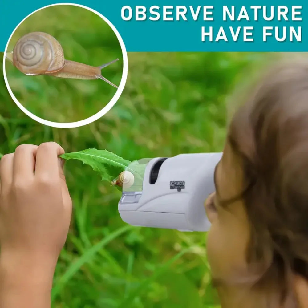 Ansoff handheld microscope with 60-120x magnification, LED light, battery-powered, ideal for kids' science experiments.