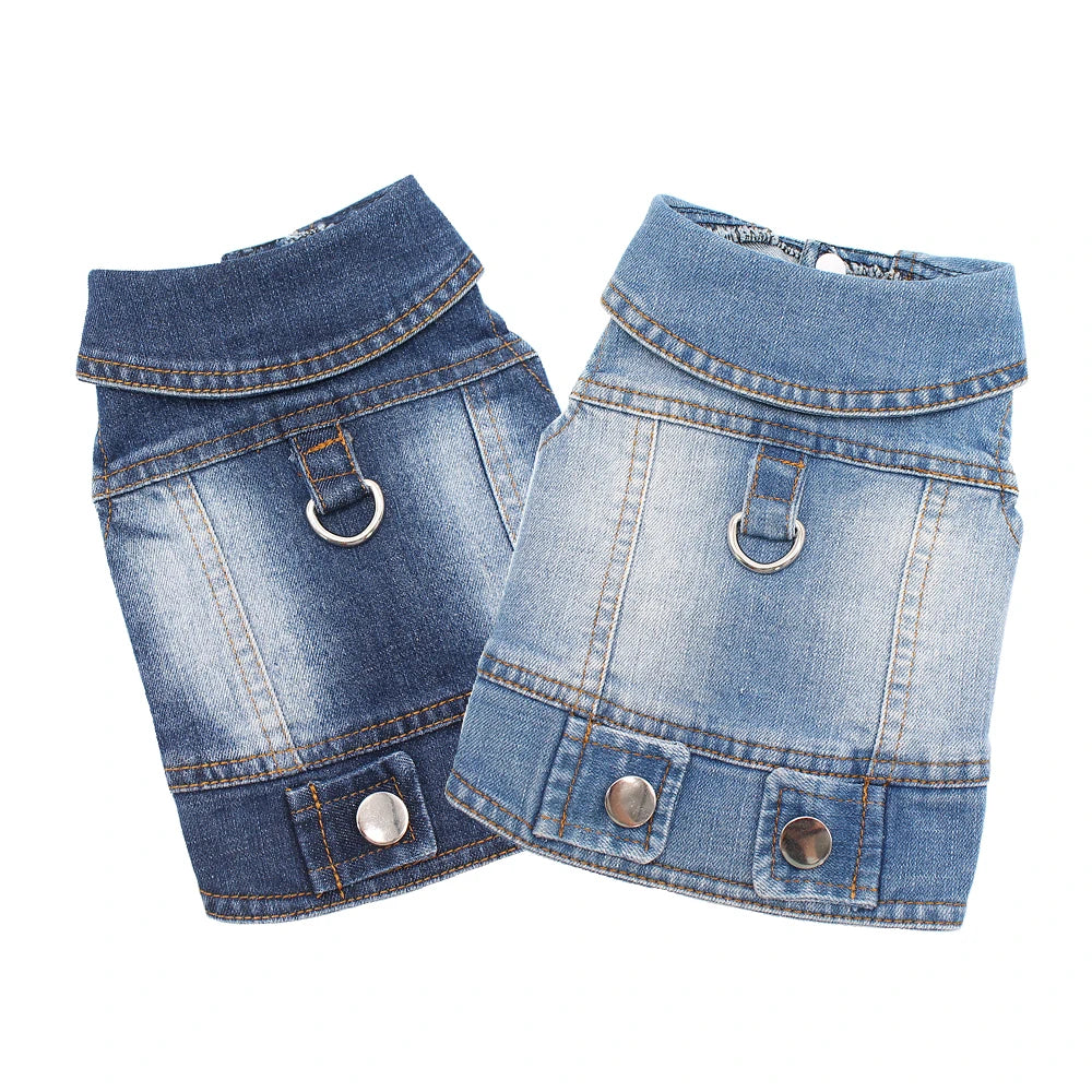 Ansoff 2024 thin denim dog jeans jacket with leash traction buckle, small to medium dog harness vest, stylish and lightweight.