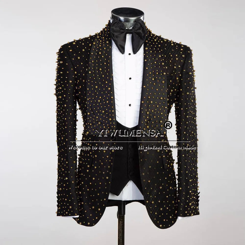 Elegant men's golden pearl suit by Ansoff, includes jacket, vest, and pants, perfect for weddings and formal events.
