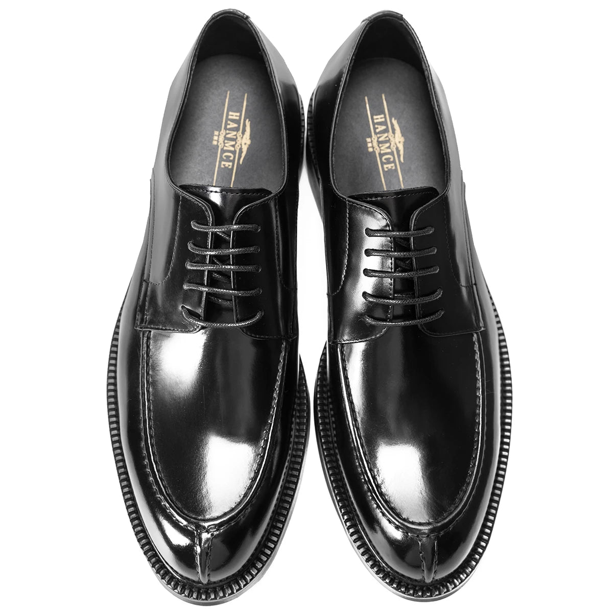 Hanmce Genuine Leather Classic Black Lace Up Pointed Toe Wedding Formal Elegant Derby Shoes For Men With Free Shipping