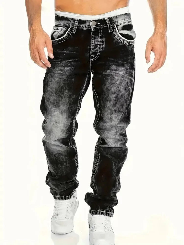 European American Jeans men's slim elastic denim trousers with vintage wash, stylish streetwear fashion for autumn.