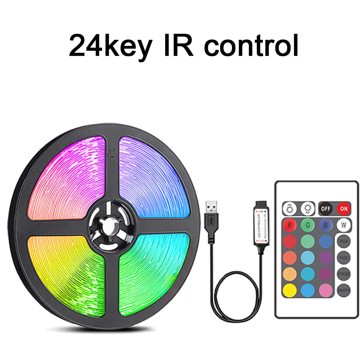 Ansoff LED strip lights with remote control, RGB tape for home decor, bedroom, TV backlight, available in 1m to 20m lengths.