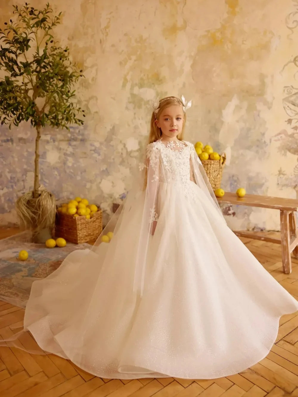New Arrival Captivating Beaded Princess Gown For Kids Birthday Party Sweet Elegant Cape Sleeve Girls Dresses Performance Wear