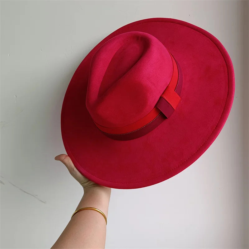 Colorblock ribbon colorful suede felt hat with wide brim, British style, suitable for women and men, perfect for autumn and winter.