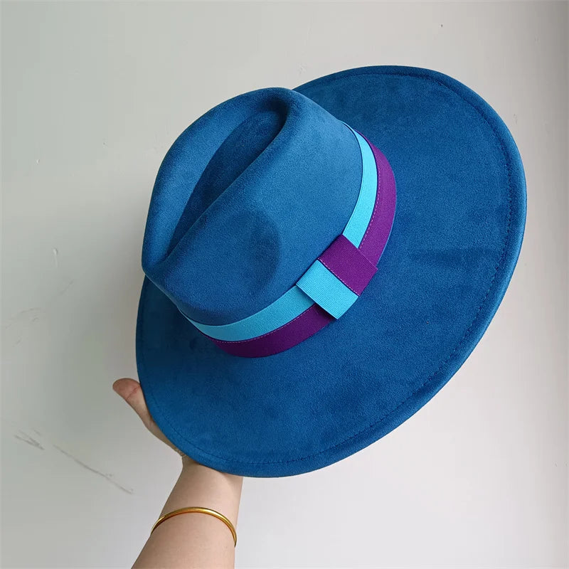 Colorblock ribbon suede hat by Ansoff, wide brim felt hat for women and men, stylish British retro autumn winter accessory