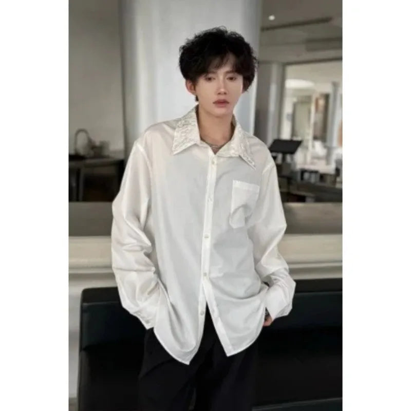 Men's satin shirt with embellished collar by Ansoff, featuring smooth fabric and decorative detailing on the collar.