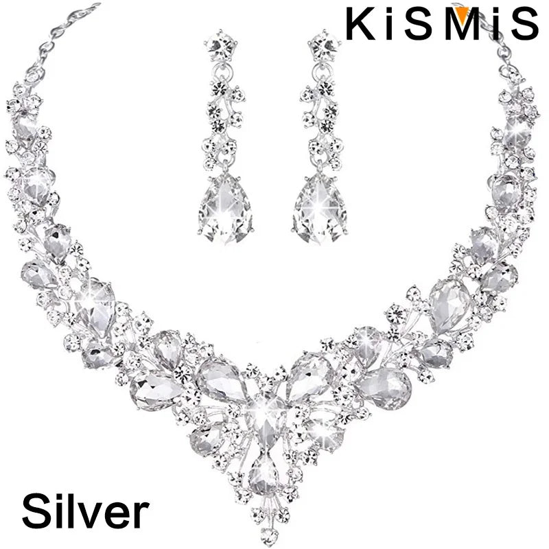 Elegant Bridal Crystal Rhinestone Necklace Earrings Set Wedding Valentine Gift Teardrop Dangle
