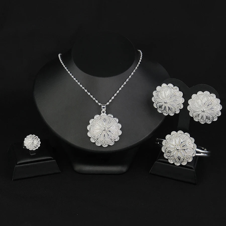 Elegant Silver Filigree Flower Jewelry Set Round Pendant Necklace Stud Earrings Bangle Silver Plated Dubai Style Bridal Wedding