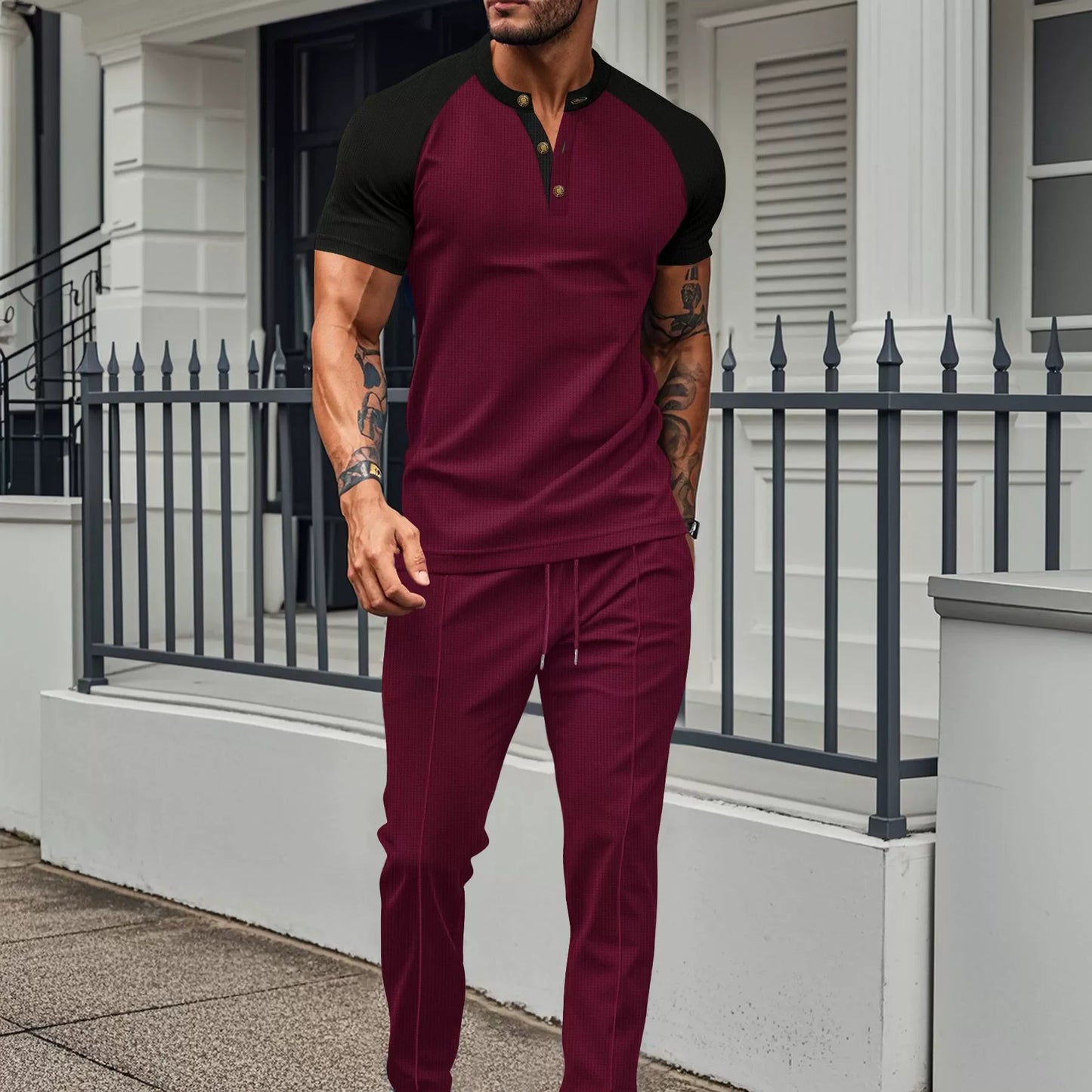 Men's summer suit set by Ansoff, includes casual round neck short-sleeve T-shirt and matching trousers for men.