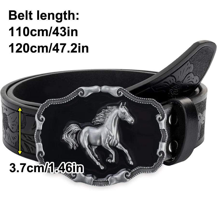 Western men's denim belt by Ansoff with a wild horse buckle, retro style, unisex design, perfect for jeans and casual wear.