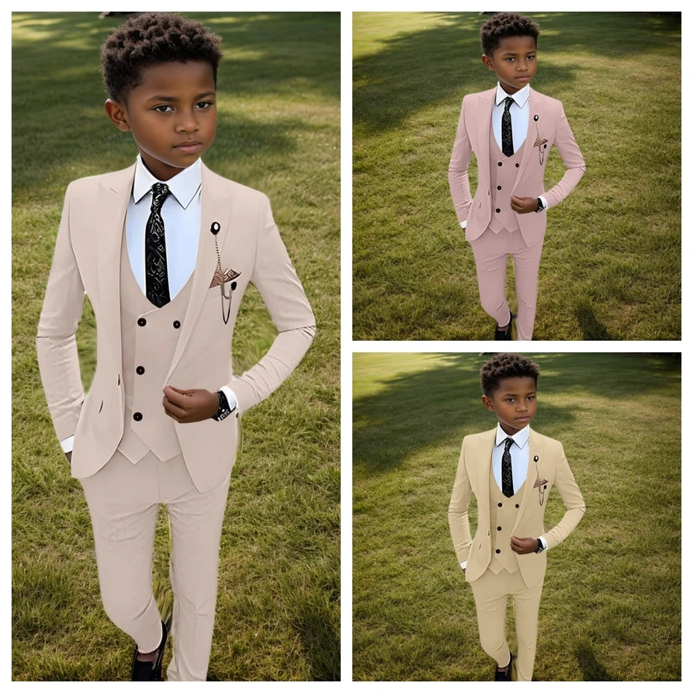 Colorful kids suit set by Ansoff featuring blazer, vest, pants, and tie for ages 3-14, ideal for birthday parties and formal events.