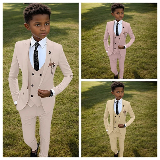 Colorful kids suit set by Ansoff featuring blazer, vest, pants, and tie for ages 3-14, ideal for birthday parties and formal events.