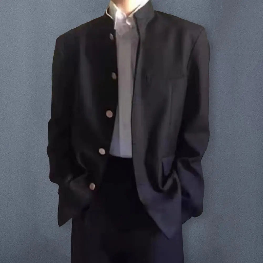 Men's Japanese-style suit coat by Ansoff with stand-up collar, single-breasted design, flap pockets, formal Chinese tunic jacket.