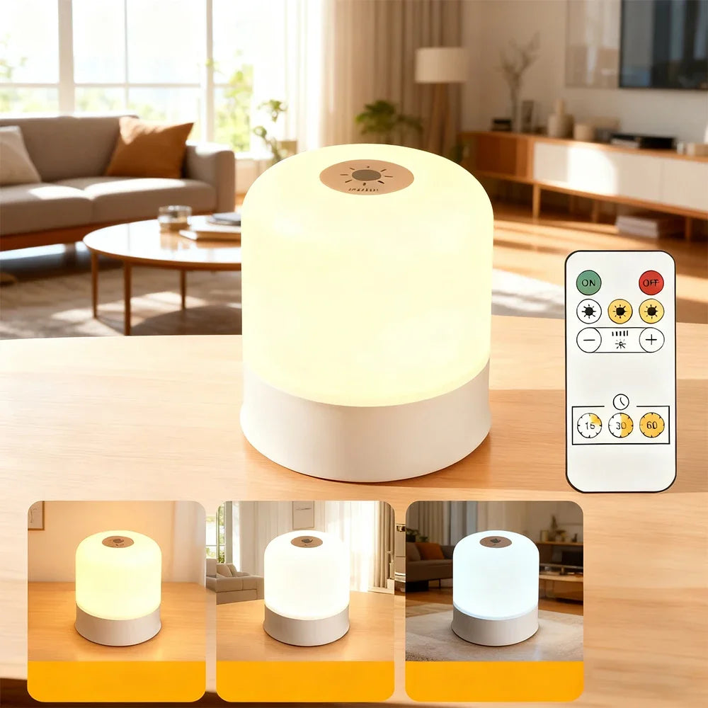 Ansoff LED night light with dimmable, rechargeable touchscreen RGB desk lamp on a bedroom bedside table, providing decorative lighting.