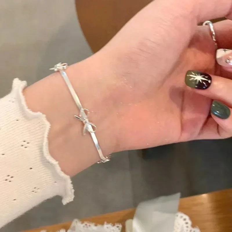 LATS Fashion Sweet Bow Bracelets for Women Girls Sparkling Delicate Ribbon Bowknot Snake Bones Chain Bracelet Party Jewelry Gift - Acros