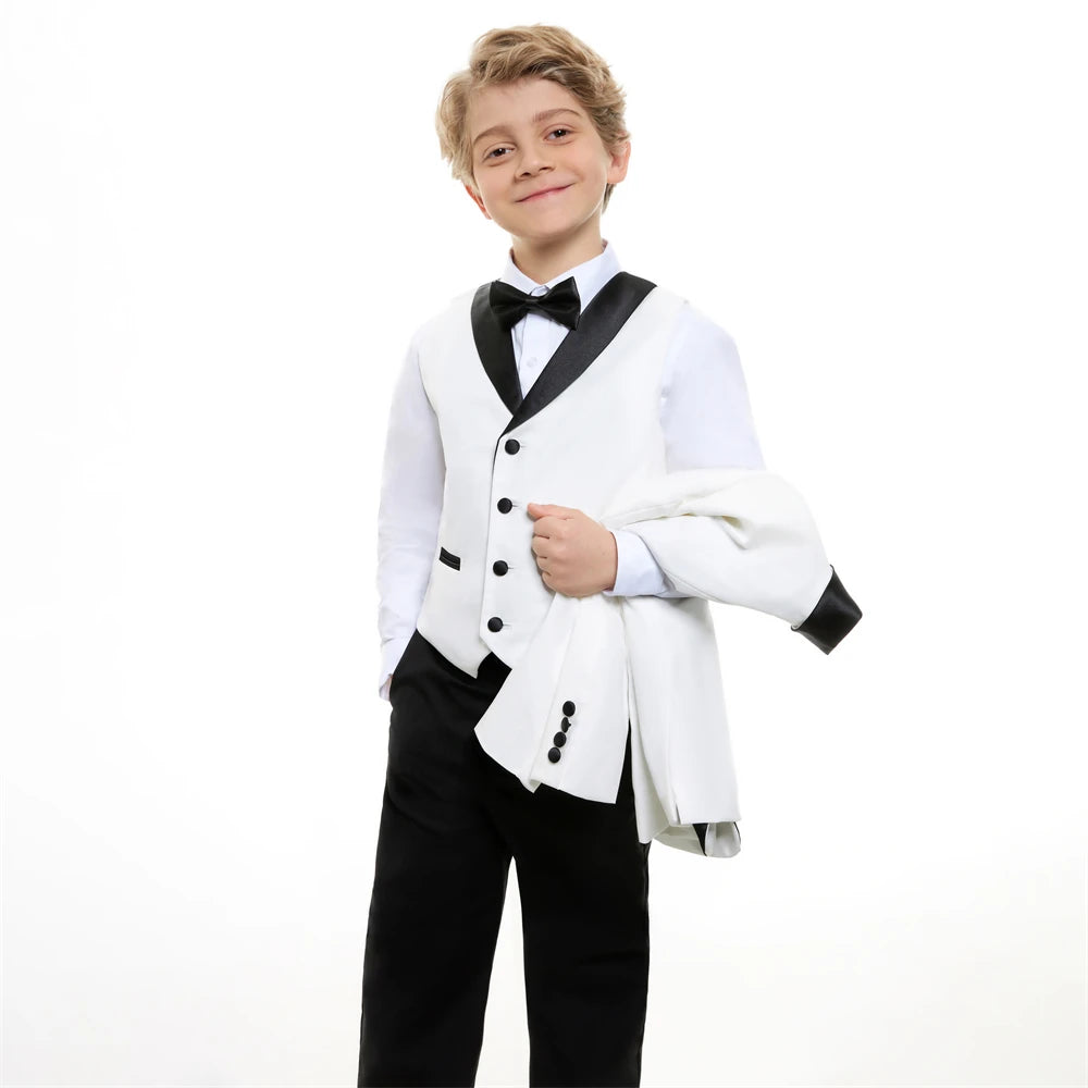 Boy's slim fit suit set by Ansoff, includes tuxedo blazer, vest, and pants for formal occasions like weddings and proms.