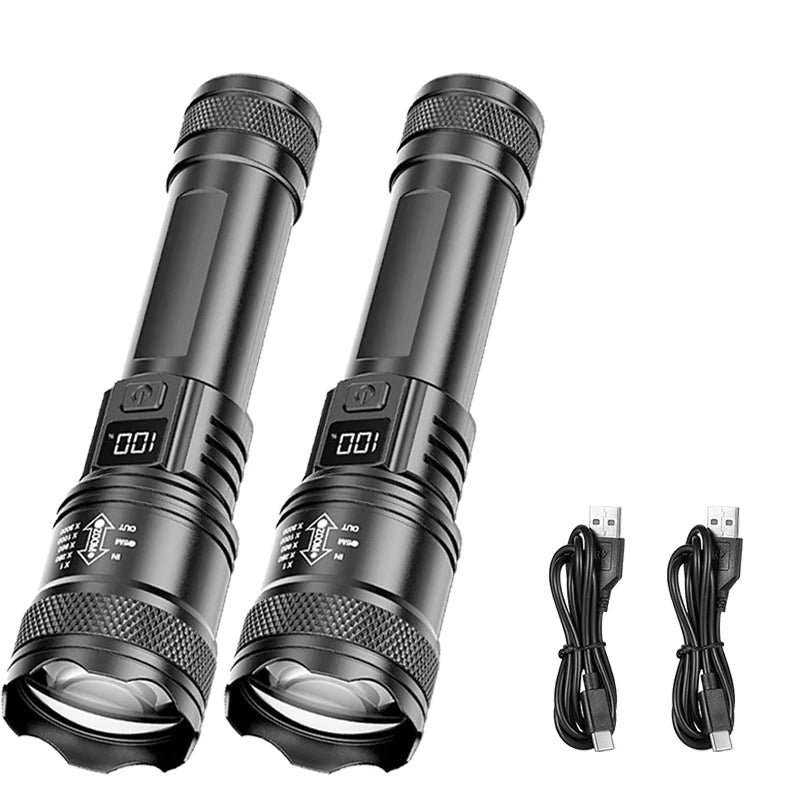 Rechargeable LED Flashlight Zoomable Torch with LCD Display 3 Modes Waterproof High Power Hand Light Outdoor Wilderness Camping - Acros