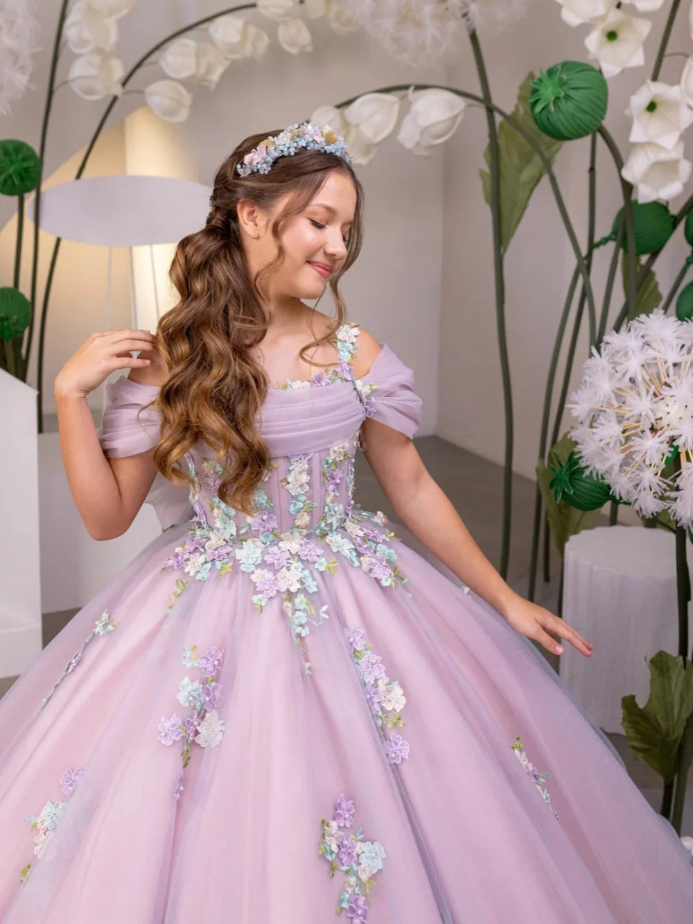 New Arrival Girls Lace Appliques Princess Gown For Birthday Party Charming Off Shoulder Kids Dresses Performance Outfit 2-14Y