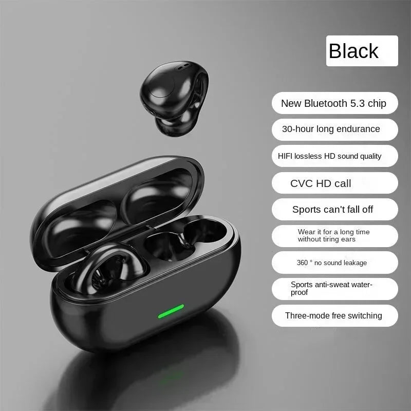 Ansoff T75 bone conduction wireless Bluetooth 5.3 headphones with waterproof design and sporty earphones, showing sleek black earbud style.