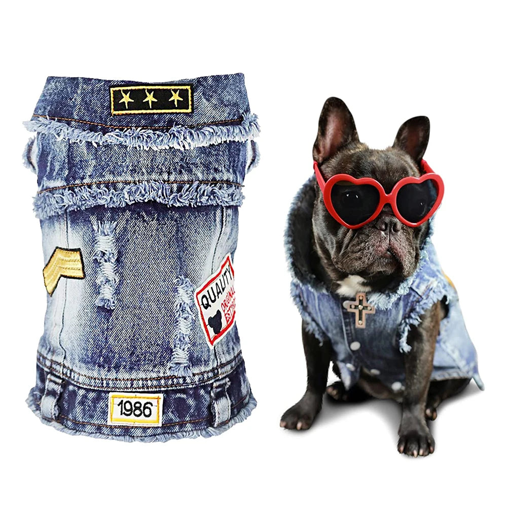 Durable Dog Jean Jacket with Letters Embroidered, Cooling Summer Clothes for Small Dogs, Puppy Costume Black Blue XS - XXL