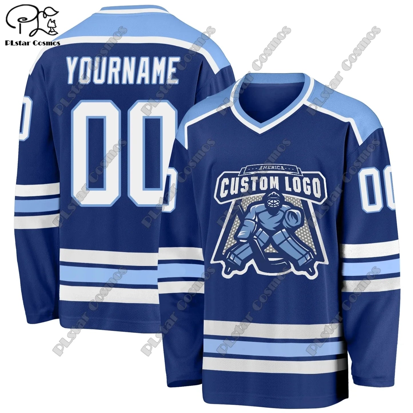 Colorful personalized hockey jersey with V-neck and long sleeves, featuring 3D printed design from Ansoff.
