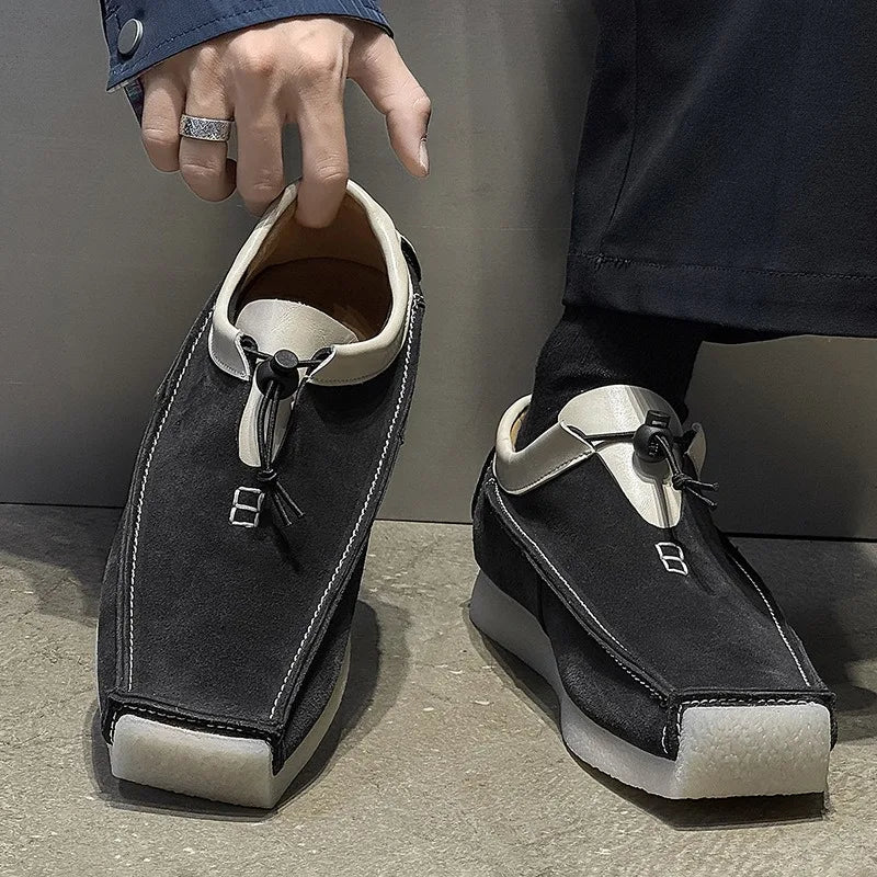 Ansoff men's square toe suede loafers, luxury designer casual sneakers, skateboard moccasins, stylish men's footwear.